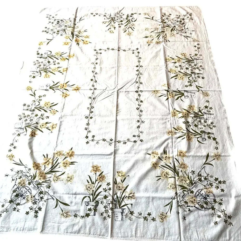 Vintage Mid Century Printed Cotton Tablecloth White Yellow Green Rectangle FLAWS